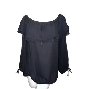 Michael Kors Black Off the Shoulder Ruffle Blouse Long Sleeve Elastic Hem Top 1X